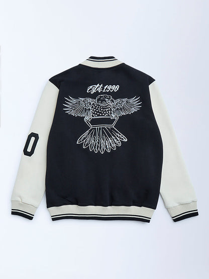 Y&F Kids Black Printed Cotton-Blend Varsity Jacket