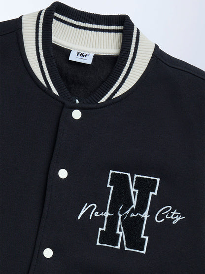 Y&F Kids Black Printed Cotton-Blend Varsity Jacket