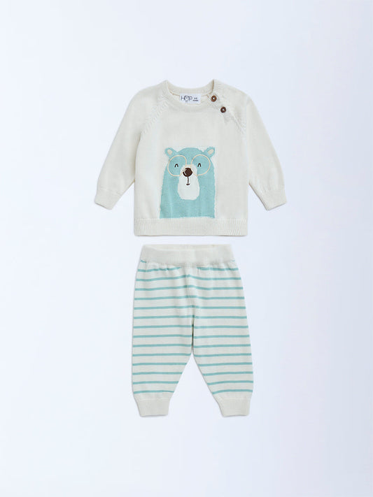 HOP Baby Off-White Cotton Sweater and Joggers Set