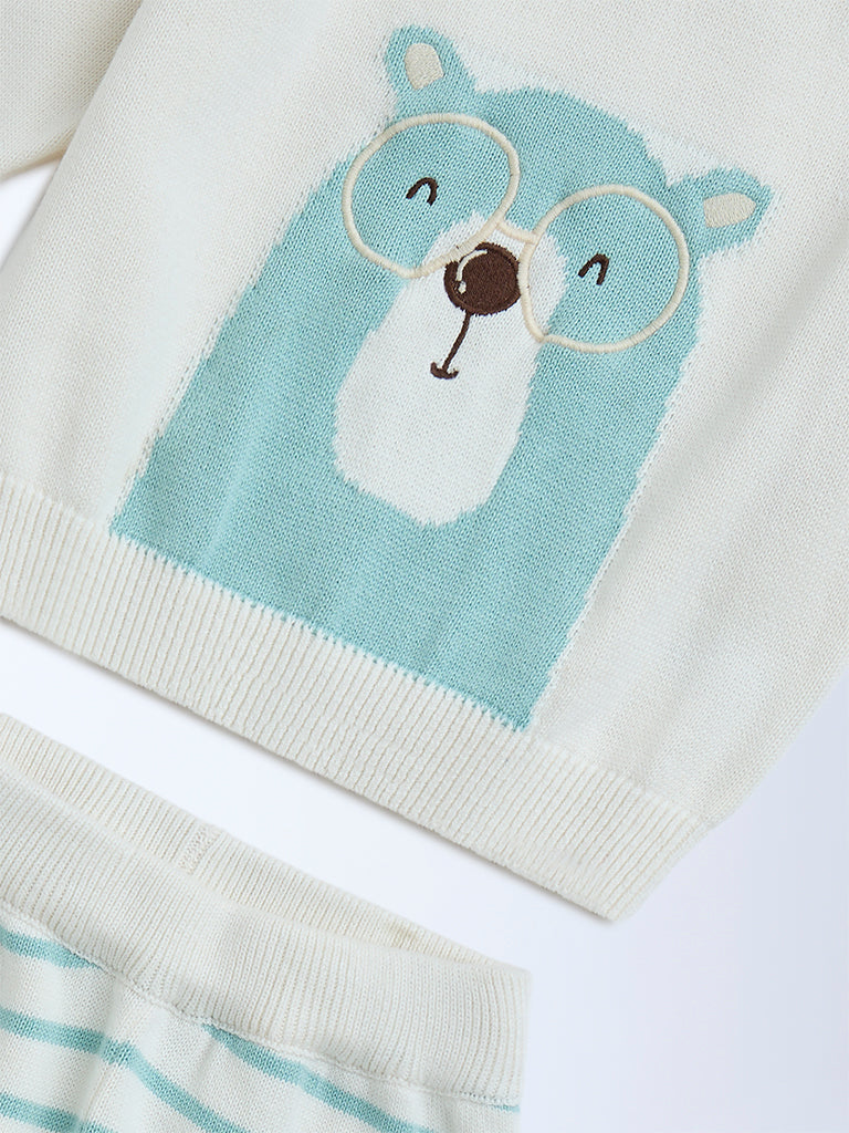 HOP Baby Off-White Cotton Sweater and Joggers Set