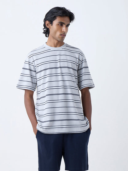 WES Lounge Grey Striped Relaxed-Fit Cotton-Blend T-Shirt