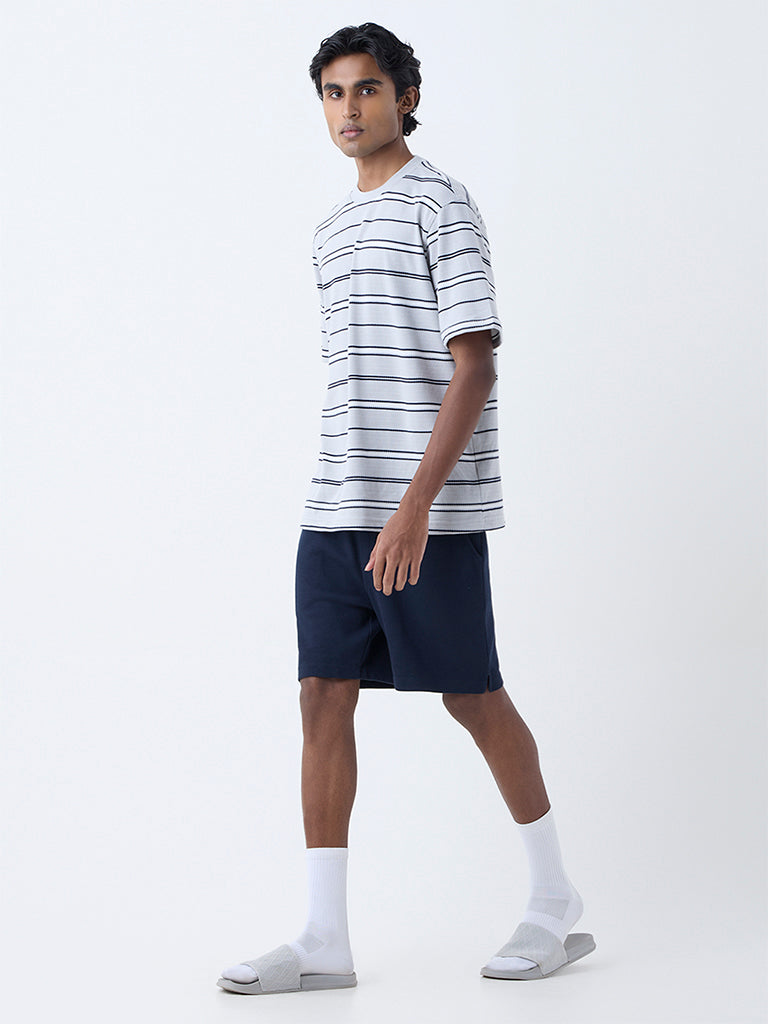 WES Lounge Grey Striped Relaxed-Fit Cotton-Blend T-Shirt