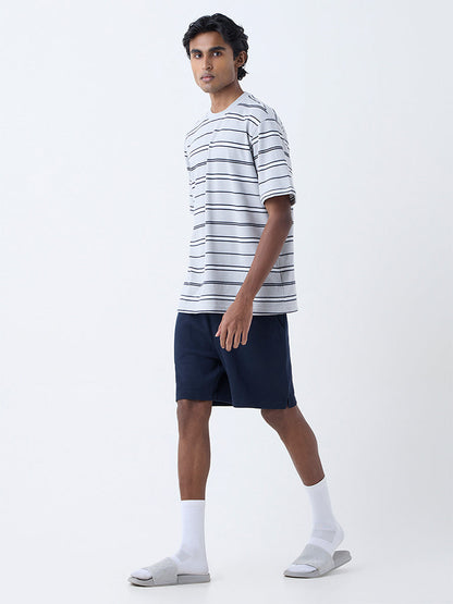 WES Lounge Grey Striped Relaxed-Fit Cotton-Blend T-Shirt
