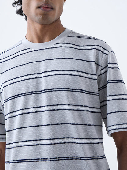 WES Lounge Grey Striped Relaxed-Fit Cotton-Blend T-Shirt