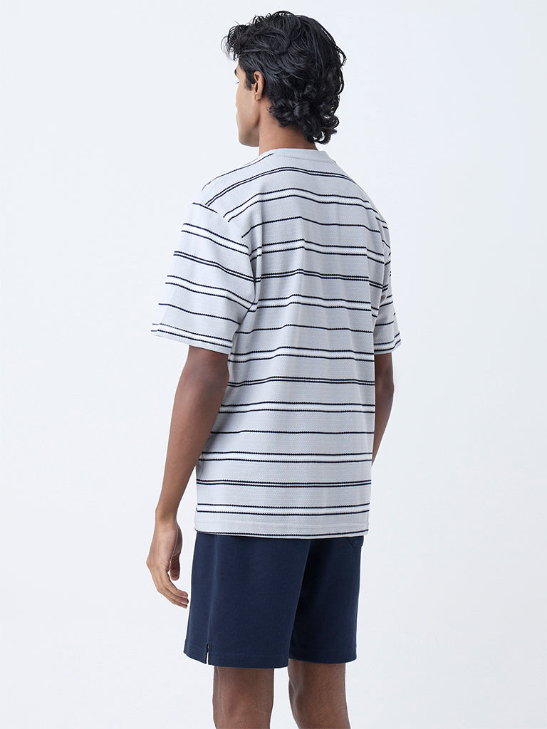 WES Lounge Grey Striped Relaxed-Fit Cotton-Blend T-Shirt