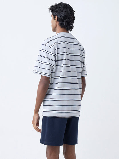 WES Lounge Grey Striped Relaxed-Fit Cotton-Blend T-Shirt