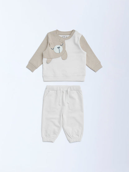 HOP Baby White Teddy Design Cotton T-Shirt and Joggers Set
