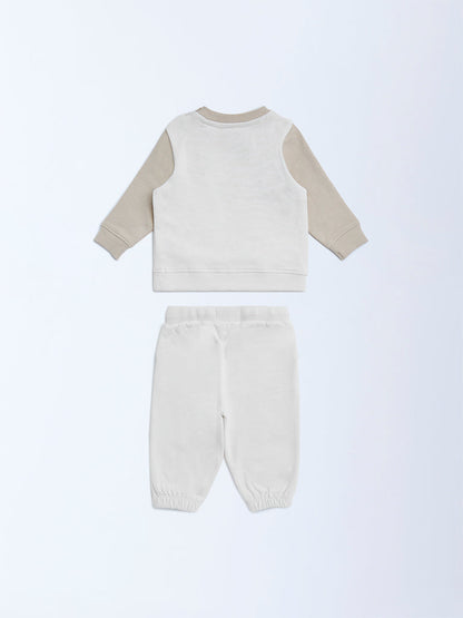 HOP Baby White Teddy Design Cotton T-Shirt and Joggers Set