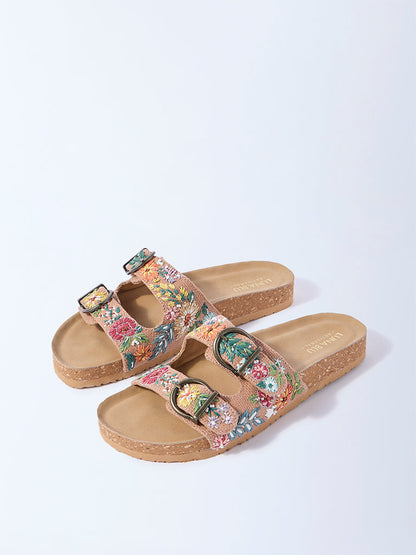 LUNA BLU Taupe Floral Raffia Detailed Slip-On Sandals
