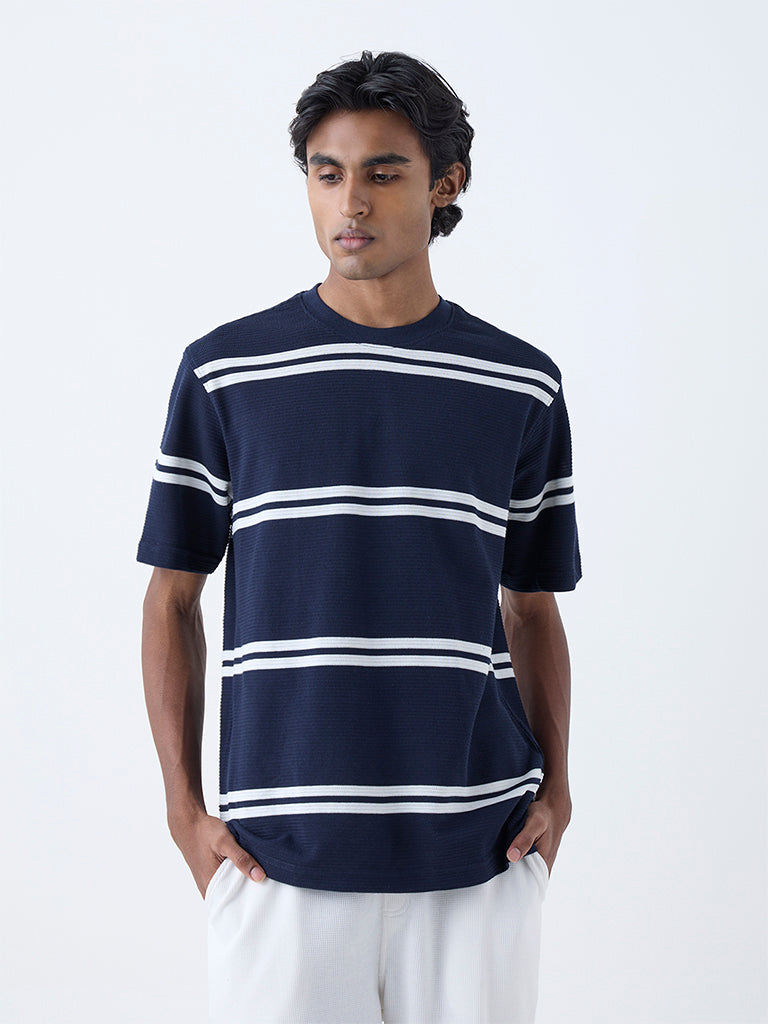 WES Lounge Navy Striped Relaxed-Fit Cotton-Blend T-Shirt