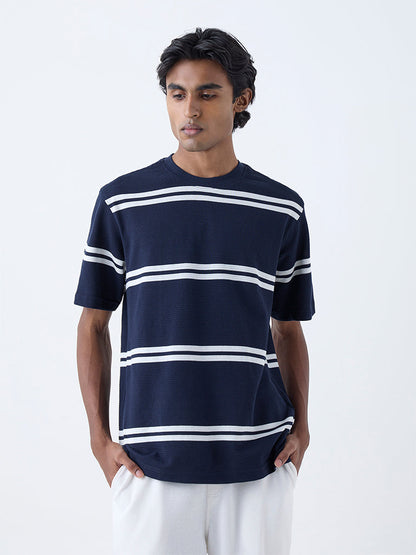 WES Lounge Navy Striped Relaxed-Fit Cotton-Blend T-Shirt