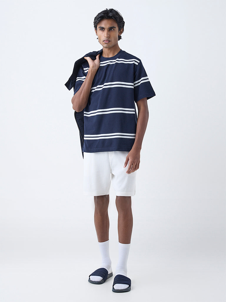 WES Lounge Navy Striped Relaxed-Fit Cotton-Blend T-Shirt