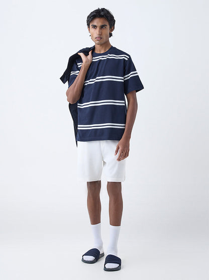 WES Lounge Navy Striped Relaxed-Fit Cotton-Blend T-Shirt