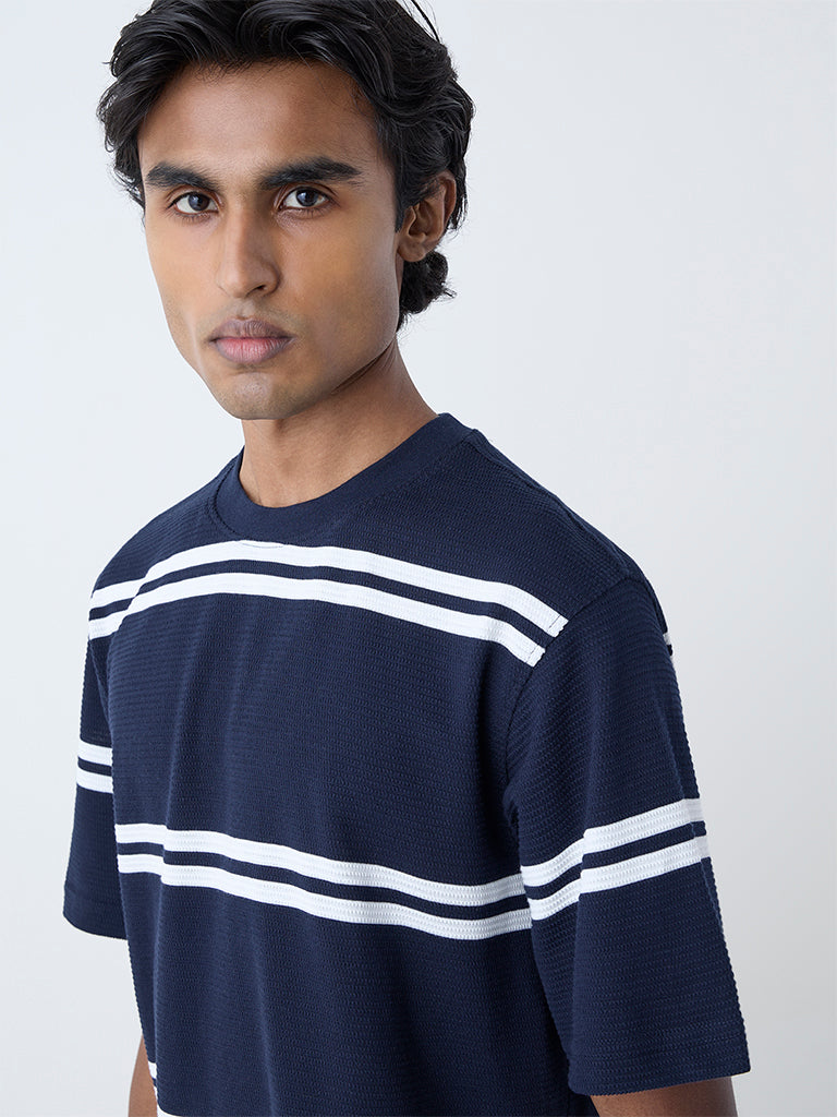 WES Lounge Navy Striped Relaxed-Fit Cotton-Blend T-Shirt