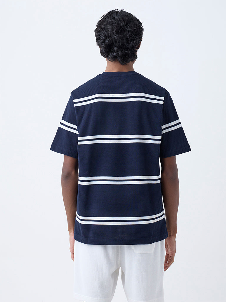 WES Lounge Navy Striped Relaxed-Fit Cotton-Blend T-Shirt
