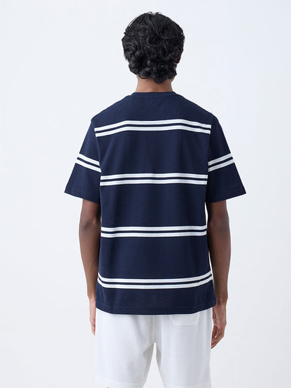 WES Lounge Navy Striped Relaxed-Fit Cotton-Blend T-Shirt