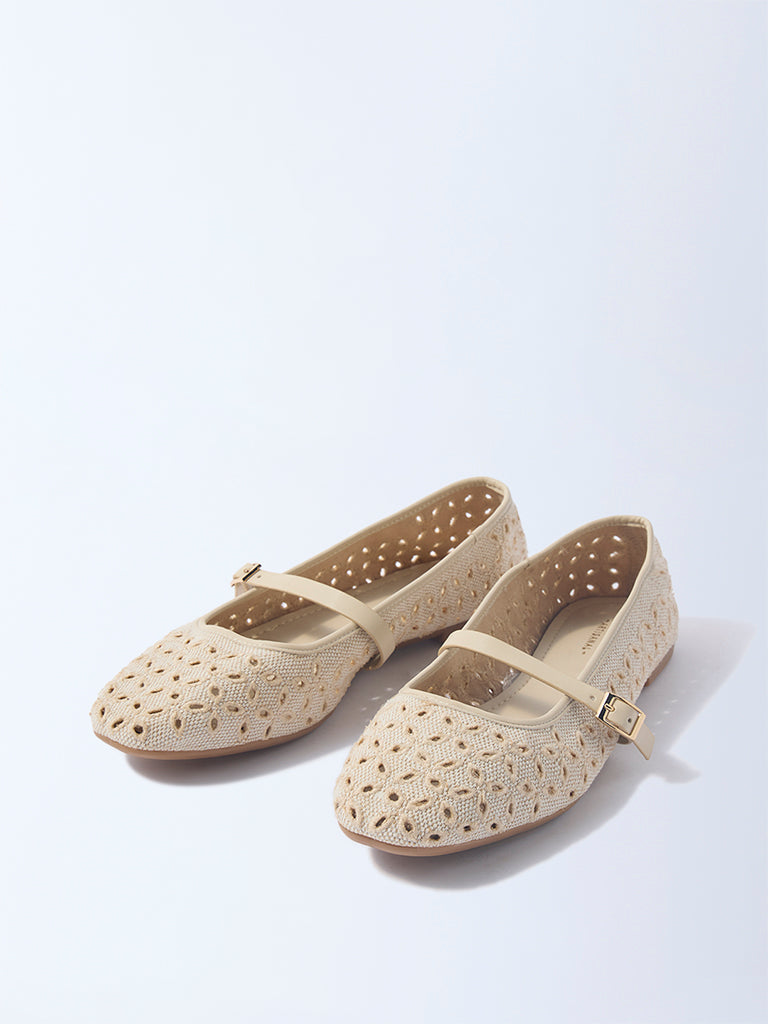 LUNA BLU Beige Schiffli Detailed Mary Jane Shoes