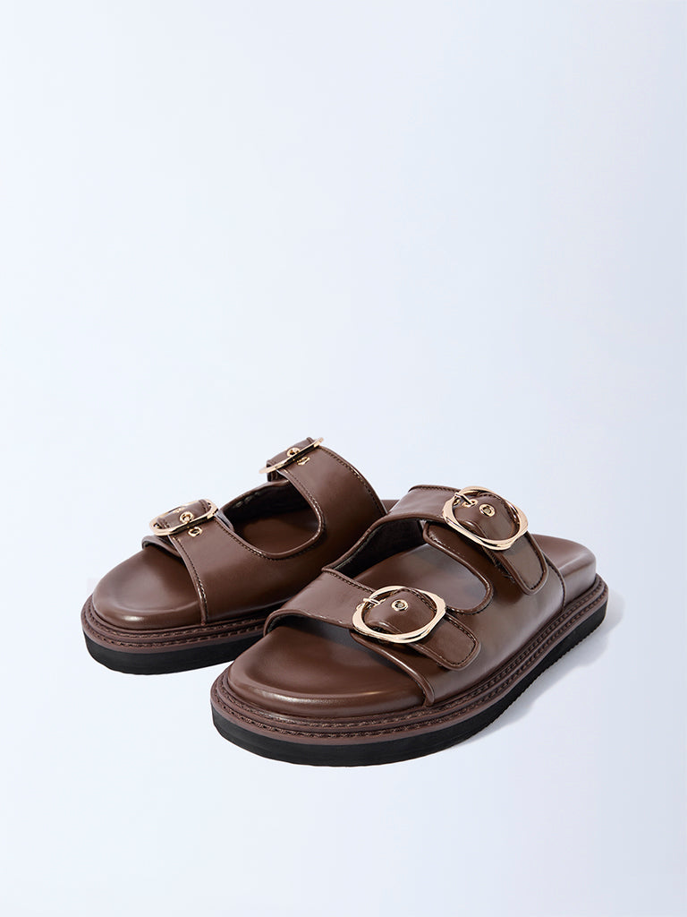 LUNA BLU Brown Dual-Strap Slip-On Sandals