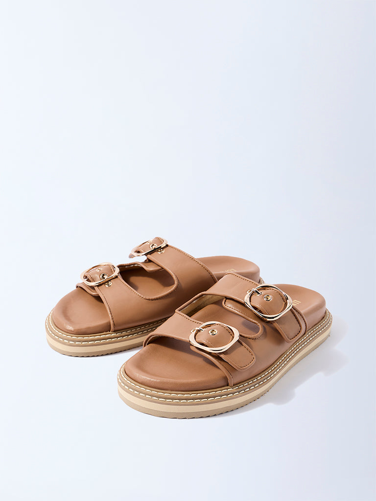 LUNA BLU Tan Buckle-Detail Slip-On Sandals