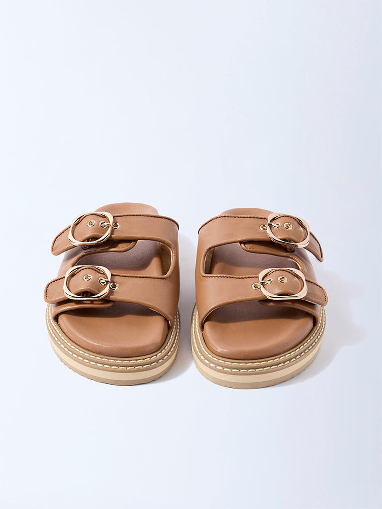 LUNA BLU Tan Buckle-Detail Slip-On Sandals
