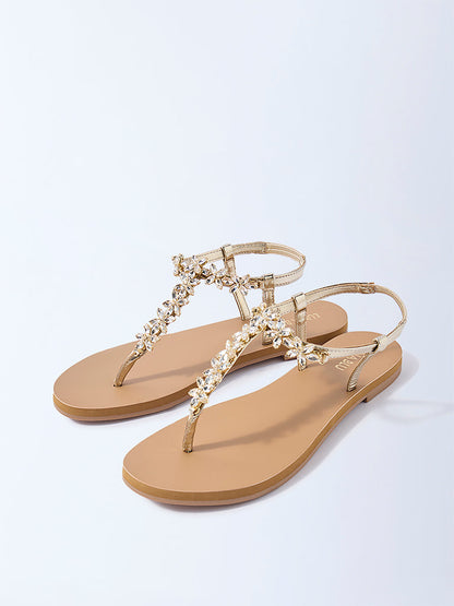 LUNA BLU Beige Floral Embellished Thong Strap Sandals