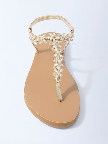 LUNA BLU Beige Floral Embellished Thong Strap Sandals