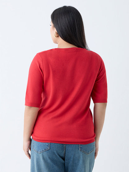 Gia Red Solid Knitted T-Shirt