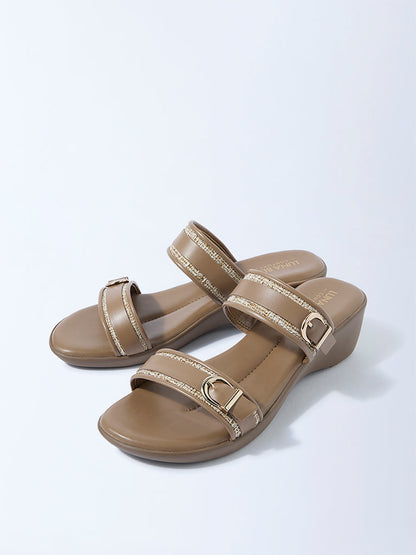 LUNA BLU Brown Raffia-Detailed Slip-On Sandals