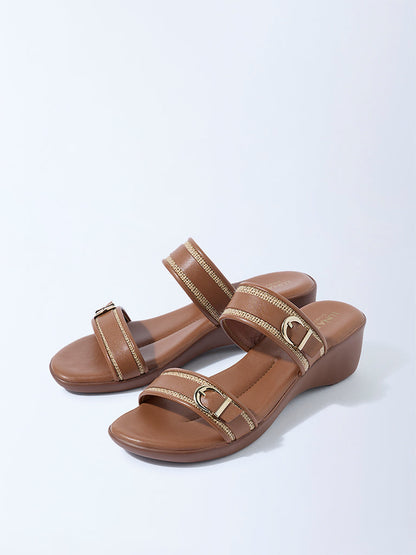 LUNA BLU Tan Raffia-Detailed Slip-On Sandals