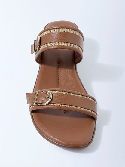 LUNA BLU Tan Raffia-Detailed Slip-On Sandals