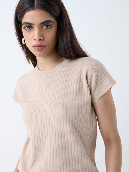 Wardrobe Beige Self-Striped T-Shirt