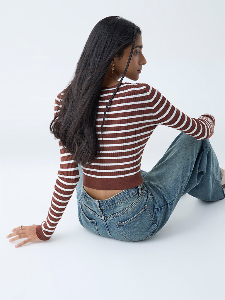 Nuon Brown Stripe Printed Top
