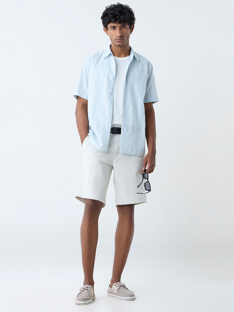 WES Casuals Light Blue Checkered Relaxed-Fit Cotton Shirt