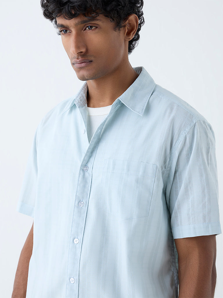 WES Casuals Light Blue Checkered Relaxed-Fit Cotton Shirt