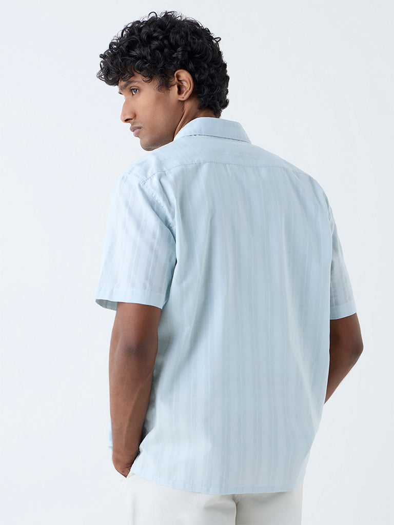 WES Casuals Light Blue Checkered Relaxed-Fit Cotton Shirt