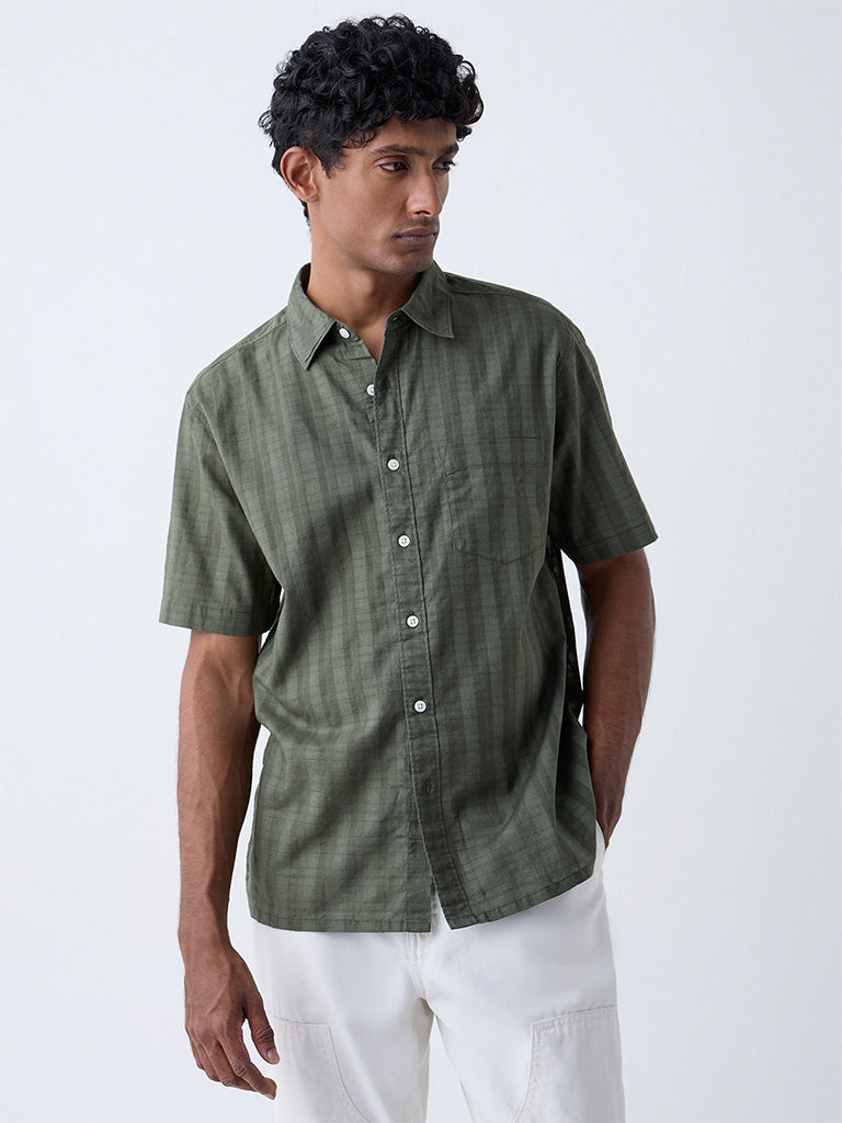 WES Casuals Olive Checks Detailed Relaxed-Fit Cotton Shirt
