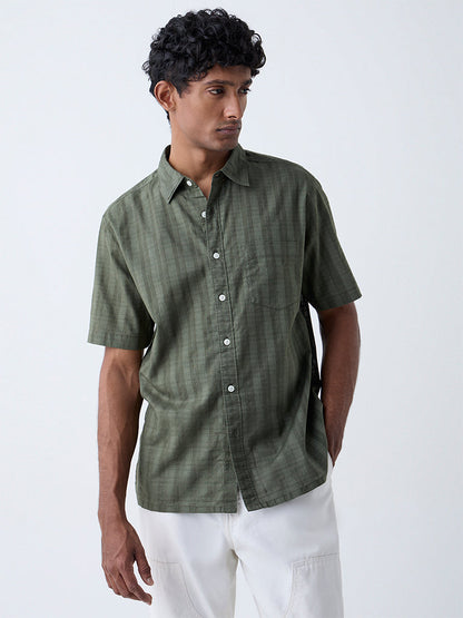 WES Casuals Olive Checks Detailed Relaxed-Fit Cotton Shirt