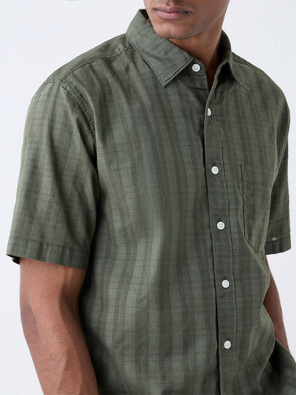 WES Casuals Olive Checks Detailed Relaxed-Fit Cotton Shirt