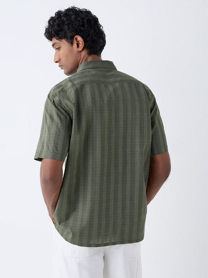 WES Casuals Olive Checks Detailed Relaxed-Fit Cotton Shirt