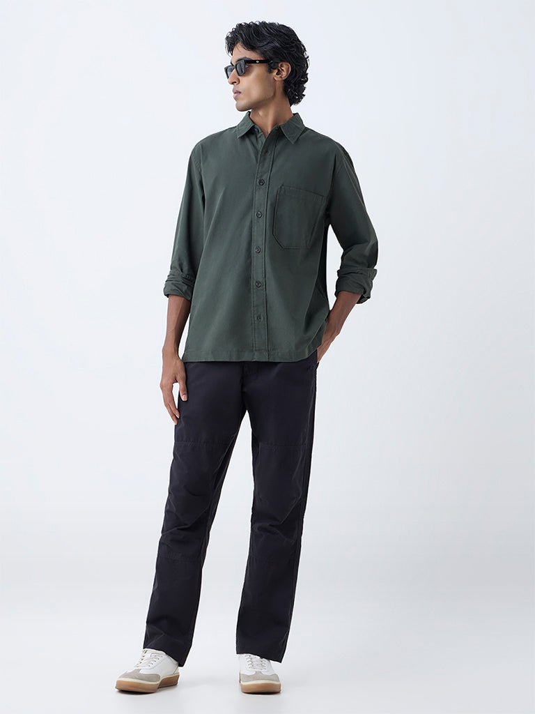 WES Casuals Olive Solid Relaxed-Fit Cotton Shirt