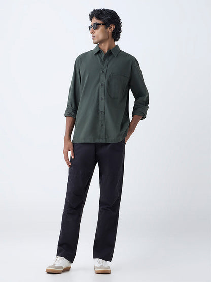 WES Casuals Olive Solid Relaxed-Fit Cotton Shirt