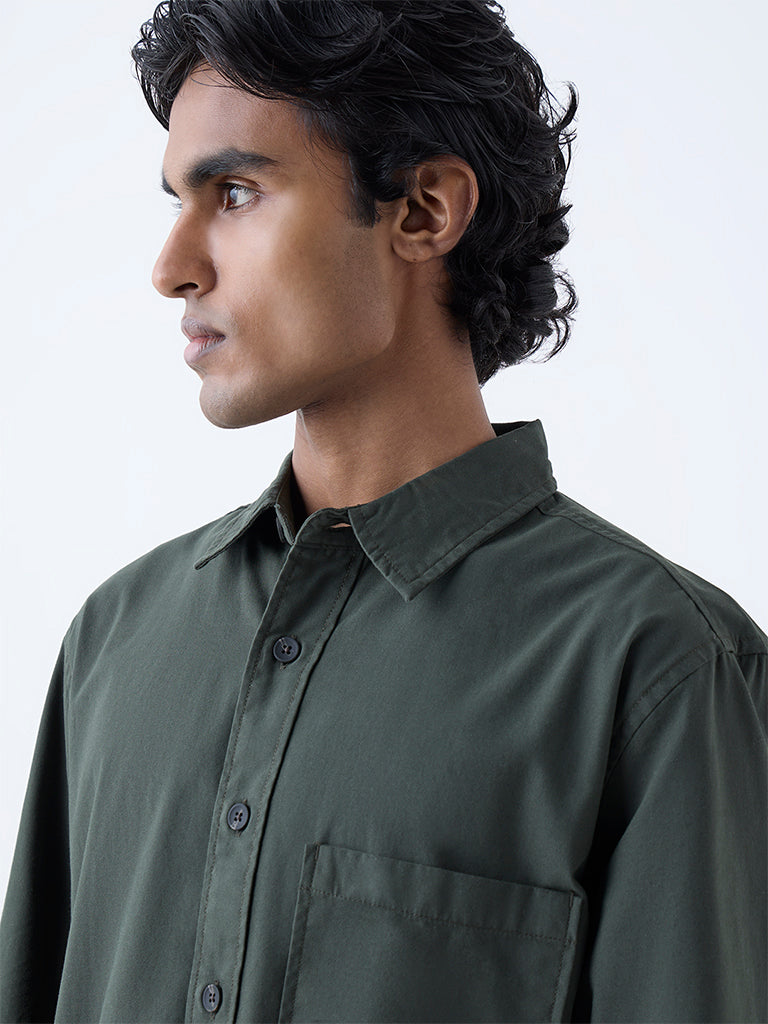 WES Casuals Olive Solid Relaxed-Fit Cotton Shirt