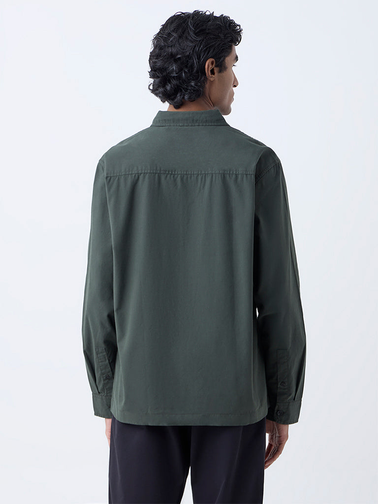 WES Casuals Olive Solid Relaxed-Fit Cotton Shirt
