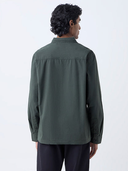 WES Casuals Olive Solid Relaxed-Fit Cotton Shirt