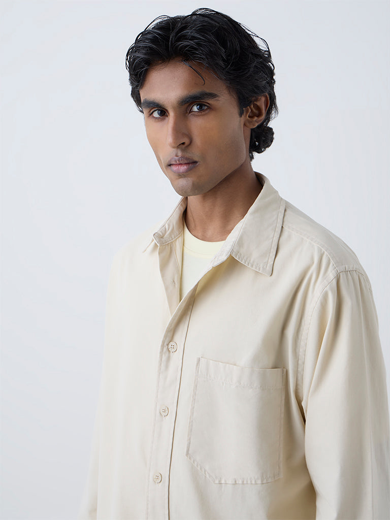 WES Casuals Cream Solid Relaxed-Fit Cotton Shirt