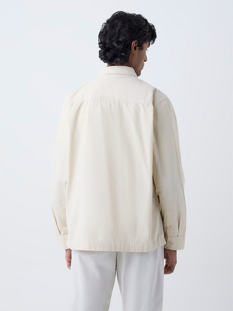 WES Casuals Cream Solid Relaxed-Fit Cotton Shirt
