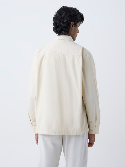 WES Casuals Cream Solid Relaxed-Fit Cotton Shirt