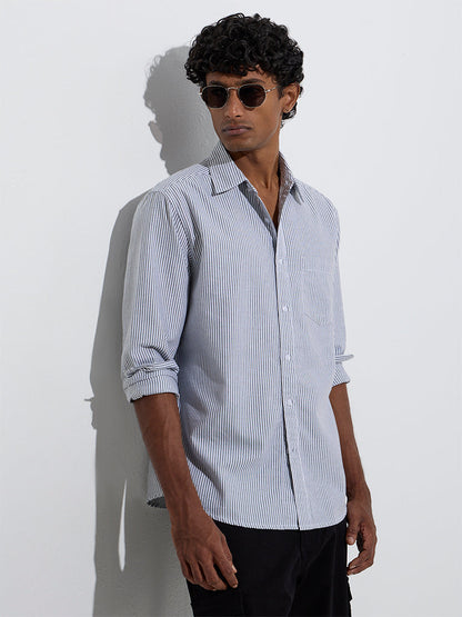 WES Casuals Navy Striped Relaxed-Fit Cotton Shirt