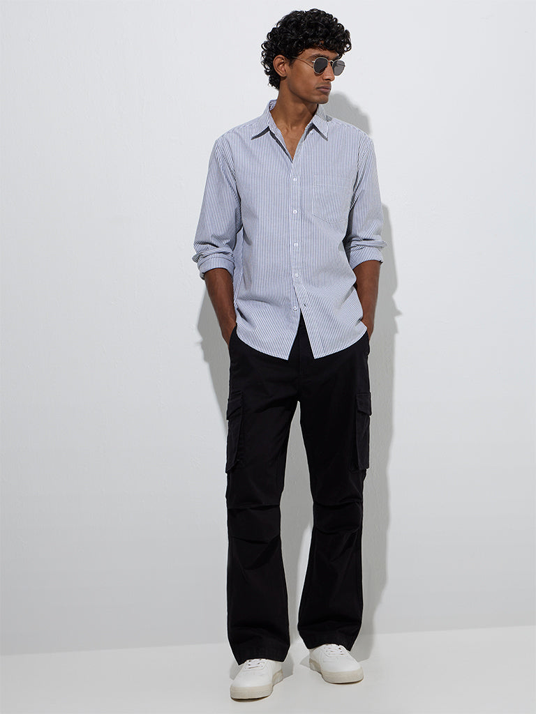 WES Casuals Navy Striped Relaxed-Fit Cotton Shirt