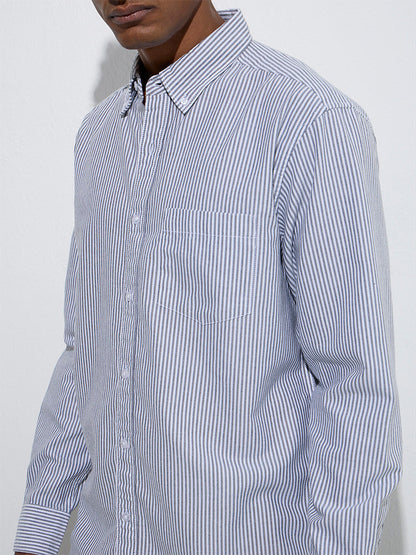 WES Casuals Navy Striped Relaxed-Fit Cotton Shirt